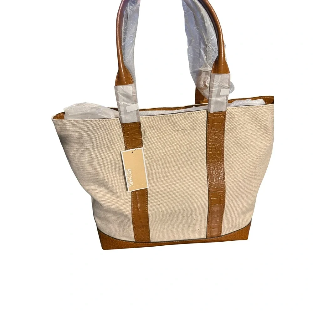 Michael Kors Fulton Canvas Large Tote Ecru Luggage Croc Embossed Bag 30S3GFCT3C